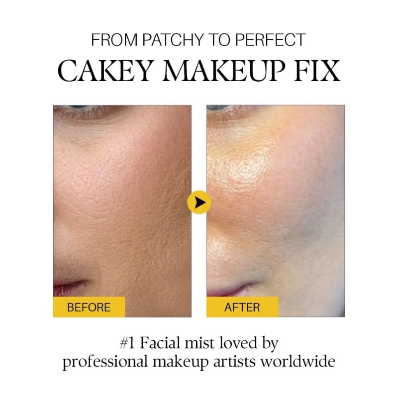 Side-by-side close-ups of a cheek: BEFORE on the left showing patchy makeup and AFTER on the right showing smoother skin, for a makeup fix product image.