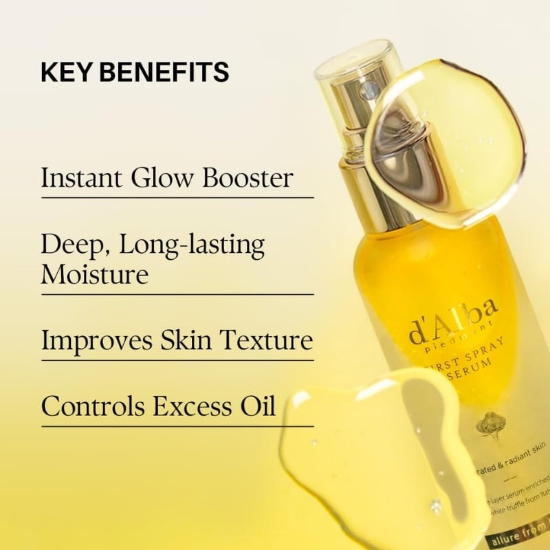 Skincare promo: four benefits listed beside a yellow serum bottle—Instant Glow Booster; Deep, Long-lasting Moisture; Improves Skin Texture; Controls Excess Oil.