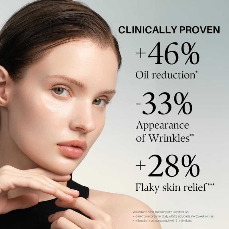 Clinically proven skincare ad showing: +46% oil reduction, -33% appearance of wrinkles, +28% flaky skin relief on a model's face.