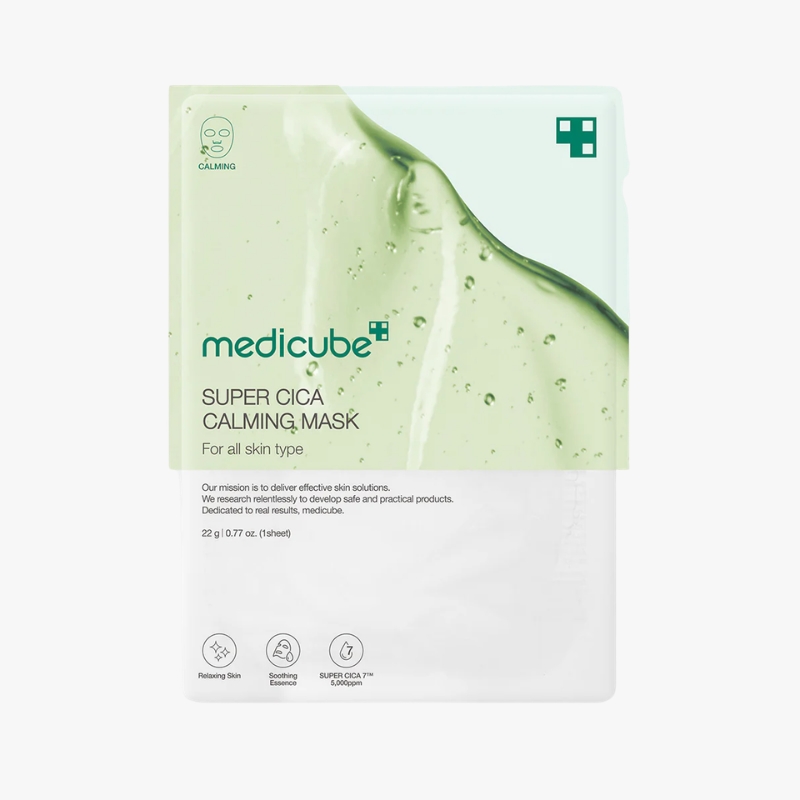 Medicube Super CICA Calming Mask sachet with green water splash design for all skin types