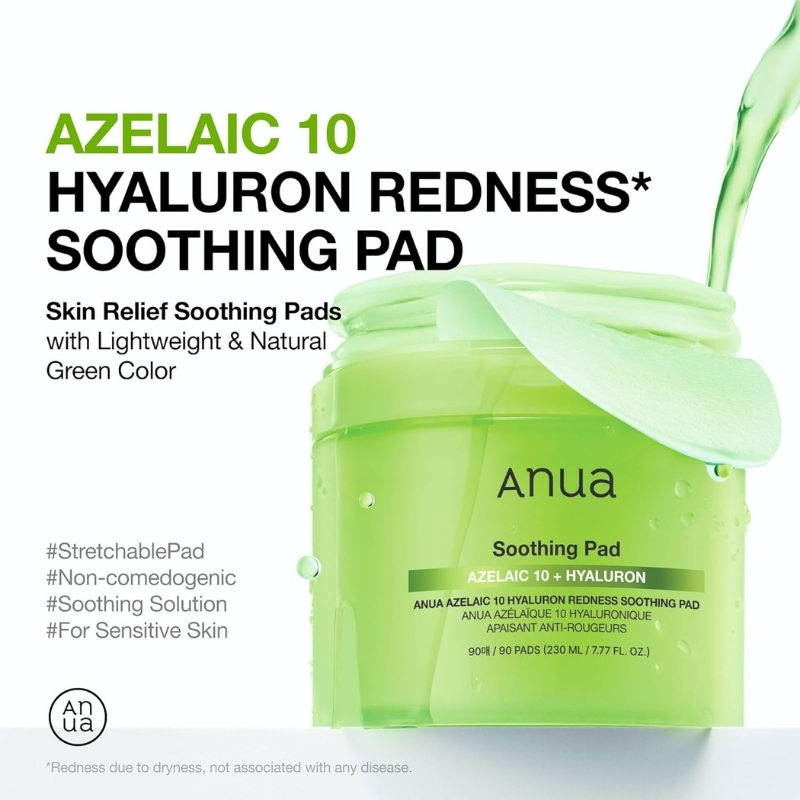 Anua Azelaic 10 Hyaluron Redness Soothing Pad, Troubled & Spot Care with Korean toner pads, Quick & Easy Stretchable Facial Mask with Azelaic acid, Hyaluronic Acid, Korean Skin Care (90 pads) Cyprus Anua