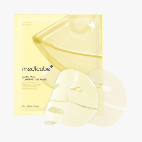 Medicube Kojic Acid Turmeric Gel Mask packaging with a pale yellow sheet and a white gel mask in front.