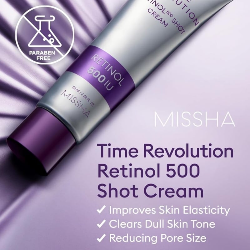 Missha Time Revolution Retinol 500 Shot Cream tube on a lavender background with a paraben-free icon and a three-bullet benefit list: improves skin elasticity, clears dull tone, reduces pore size.