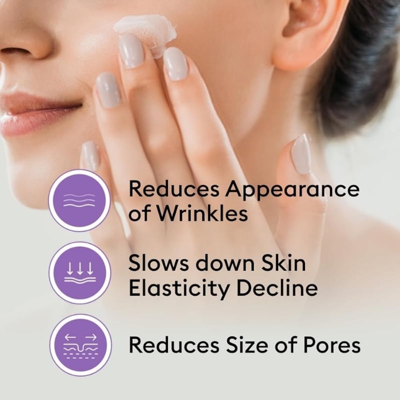 Close-up of a person applying skincare with a wipe, next to a list of benefits: reduces wrinkles, slows skin elasticity decline, reduces pore size.