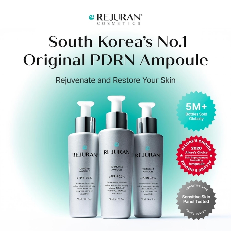 Skincare ad showing three Rejuran Original PDRN Ampoule bottles with teal glow and badges: 5M+ bottles sold, Allure's Choice 2020, sensitive skin tested. Rejuvenate and restore skin.