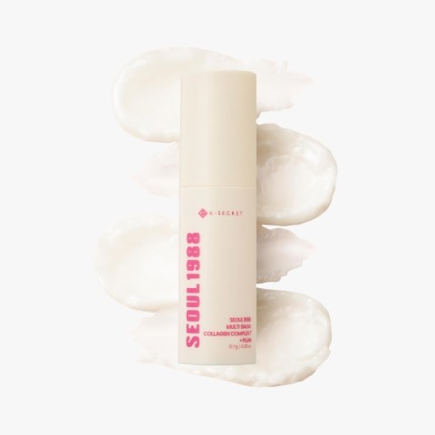 White Seoul1688 Multi Balm bottle by K-Secret, with pink vertical text and cream Swirl backdrop behind.