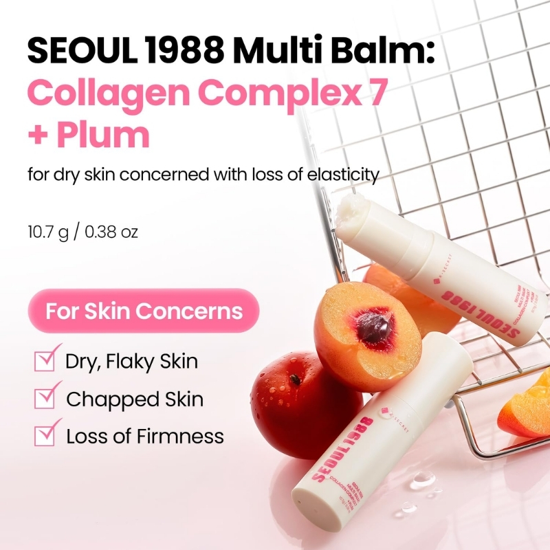 Advert for Seoul 1988 Multi Balm: Collagen Complex 7 + Plum for dry, loss of elasticity; two product tubes with plum halves in a wire basket.