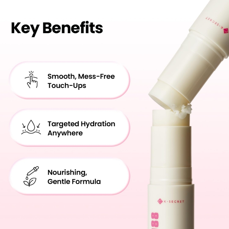 Key Benefits: three rounded benefit panels—Smooth, Mess-Free Touch-Ups; Targeted Hydration Anywhere; Nourishing, Gentle Formula—with a beige applicator on the right.