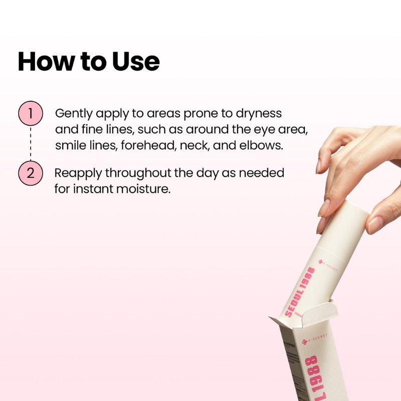 How to Use: Step 1 gently apply to dry areas such as around the eyes, smile lines, forehead, neck, and elbows; Step 2 reapply as needed for moisture. Hand squeezing a tube beside a pink gradient background.