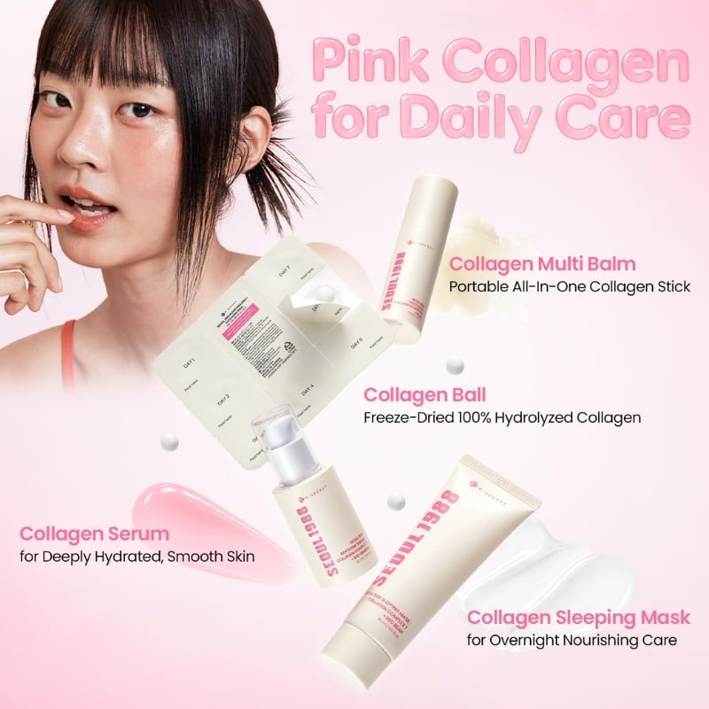 Promotional collage for Pink Collagen Daily Care featuring a woman applying lip balm and assorted collagen skincare products against a pink gradient background.