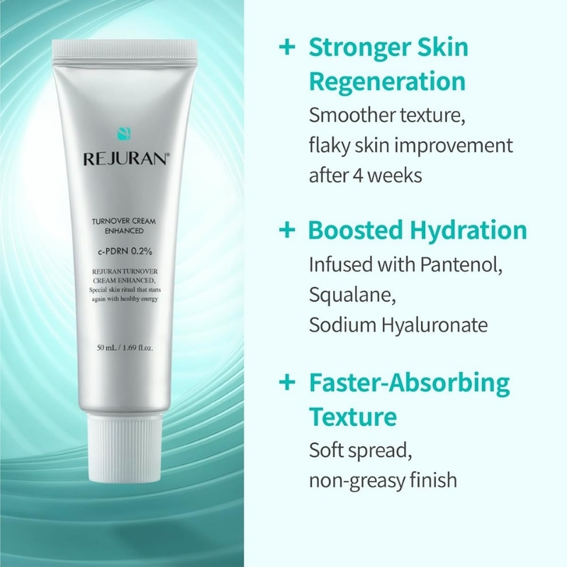 Squeeze tube of Rejuran Turnover Cream Enhanced on a teal swirl background; right side lists stronger skin regeneration, boosted hydration, and faster-absorbing texture.