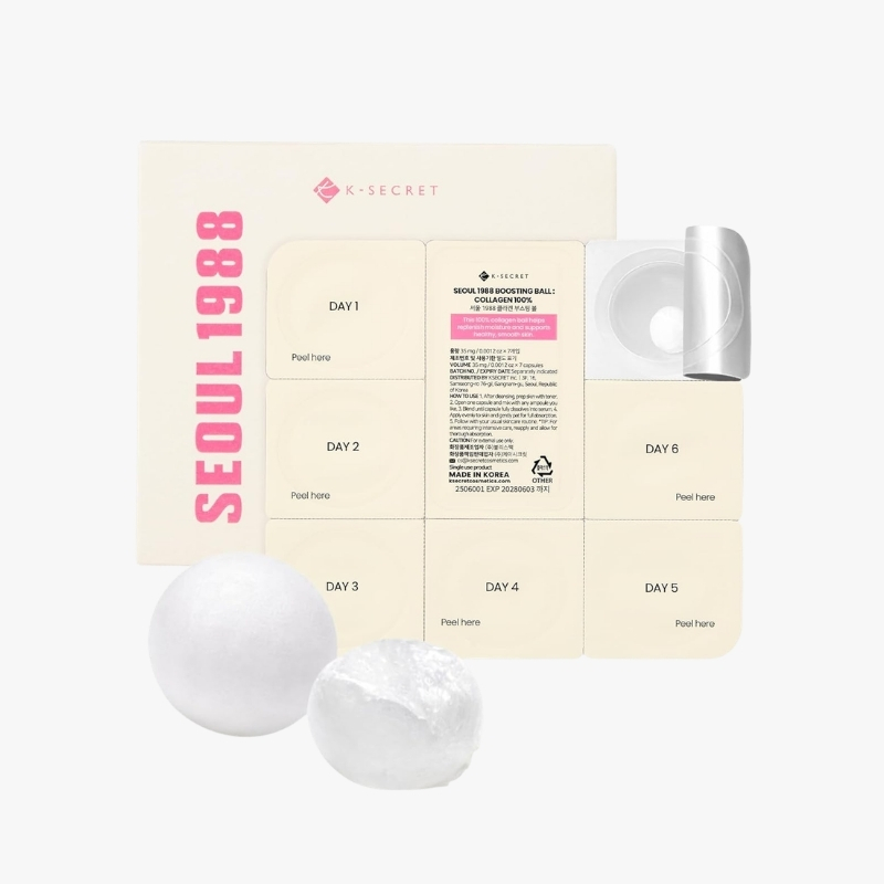 K-SECRET Seoul 1988 booster kit with day-by-day panels labeled Day 1–Day 6 and two white spheres in front.