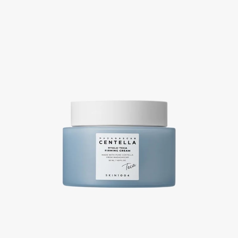 Blue jar of Centella Hyalu-Teca Firming Cream with a white lid on a white background