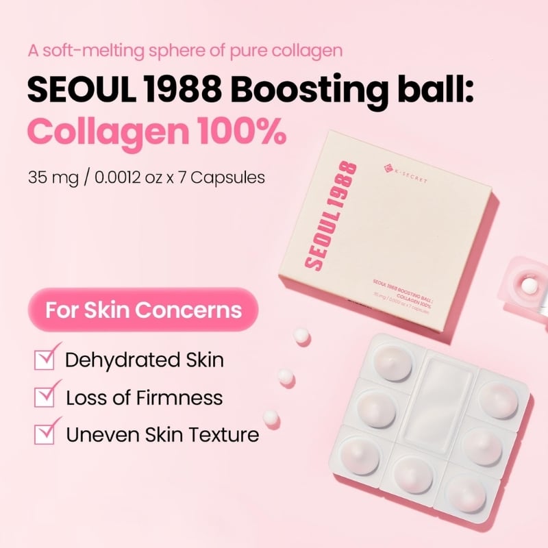 Pink advertisement for Seoul 1988 Collagen 100% capsules, showing a box and blister pack on the right on a soft pink background.
