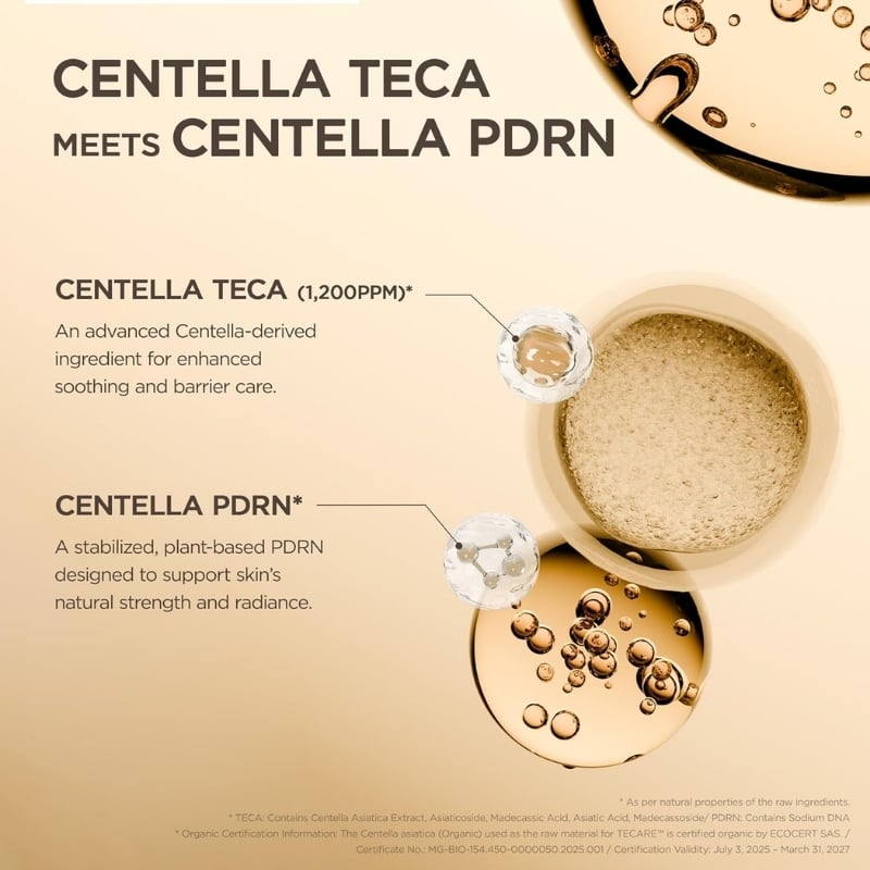 Infographic describing Centella Teca (1,200 ppm) for soothing and barrier care and Centella PDRN for skin strength and radiance, with circular sample illustrations on a beige background.