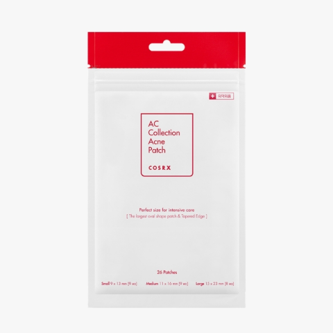 White resealable pouch with a red top packaging for COSRX AC Collection Acne Patch, listing 26 patches on the front.
