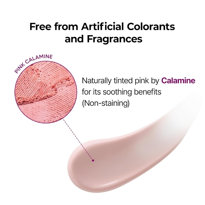 Infographic promoting beauty product: 'Free from Artificial Colorants and Fragrances' with a circular magnified view of pink calamine and a swiped lotion showing the soothing, non-staining claim.