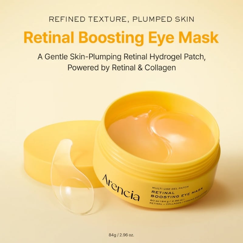 Bright yellow jar labeled 'Retinal Boosting Eye Mask' with a clear gel eye patch beside it on a pale background.