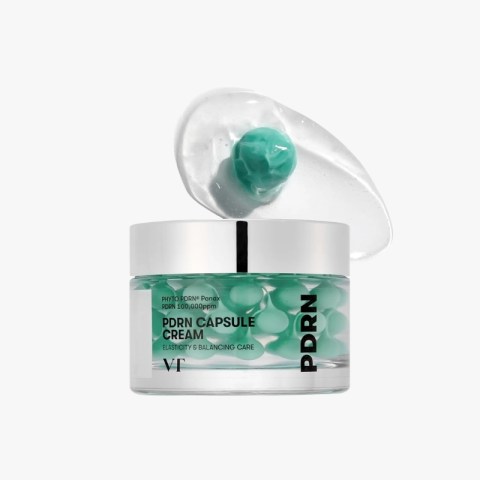 Green-capsule skincare cream in a clear jar with a silver lid, labeled PDRN Capsule Cream.