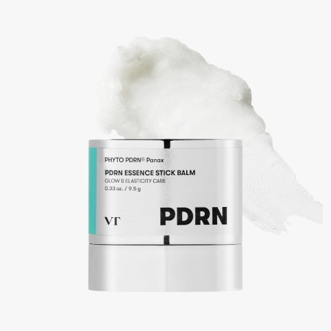 Metallic jar labeled PDRN ESSENCE STICK BALM with white balm smeared behind it; clean, minimalist cosmetic product image.
