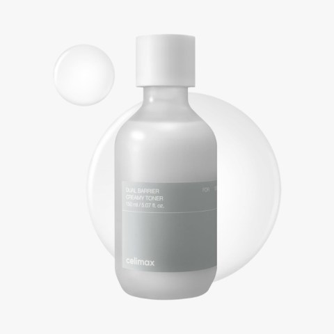 Cosmetic toner bottle with a gray label reading 'Dual Barrier Creamy Toner' by Celimax on a pale abstract background.