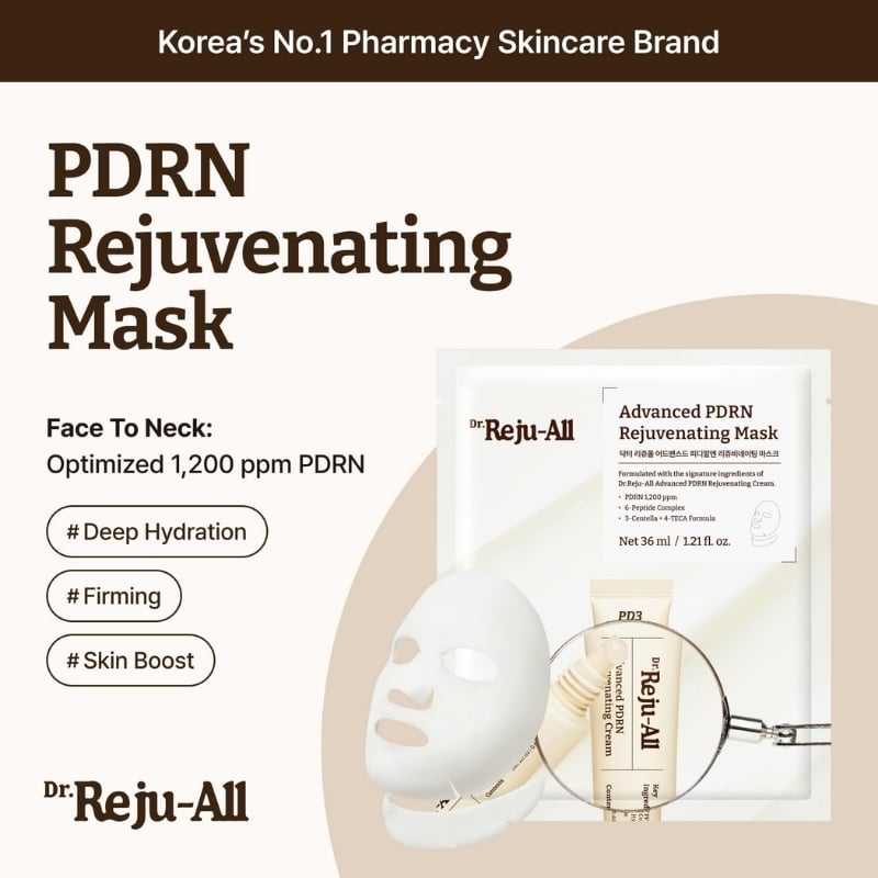 Product ad for PDRN Rejuvenating Mask by Dr. Reju-All, showing the packaging and a white face mask on a beige background.