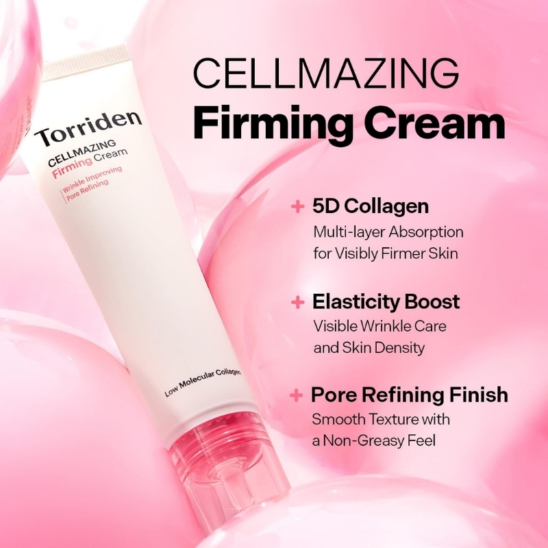 Torriden Celmazing Firming Cream bottle on a pink background with highlights and product features listed: 5D Collagen, Elasticity Boost, Pore Refining Finish.