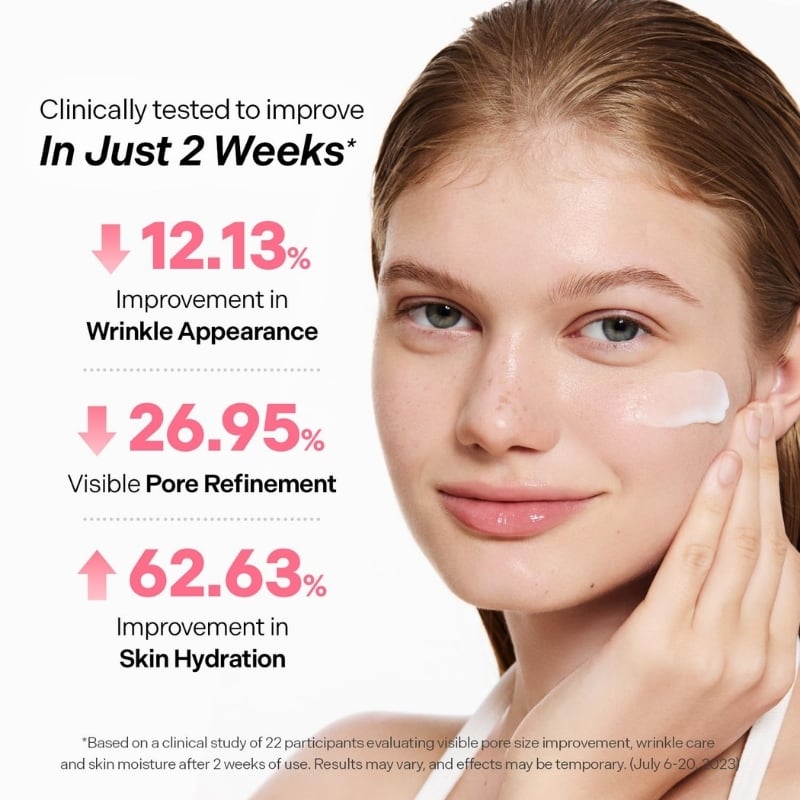 Advertisement for a skincare cream showing claims: In Just 2 Weeks, 12.13% wrinkle improvement, 26.95% pore refinement, 62.63% skin hydration; woman applying cream to her cheek on the right.
