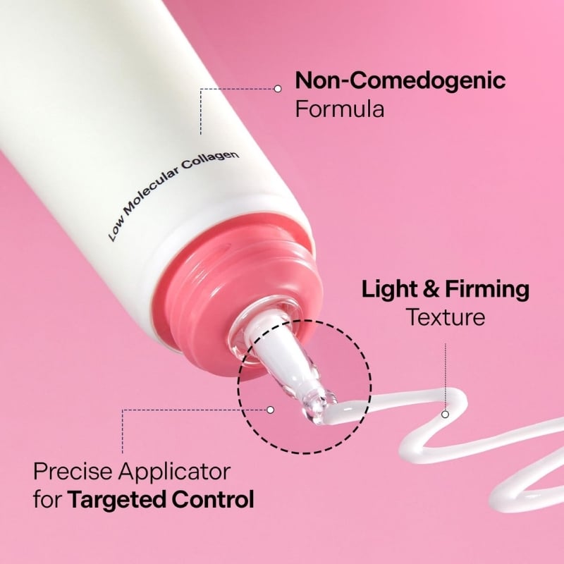 Non-comedogenic formula with precise applicator for targeted control on a pink cosmetic product.