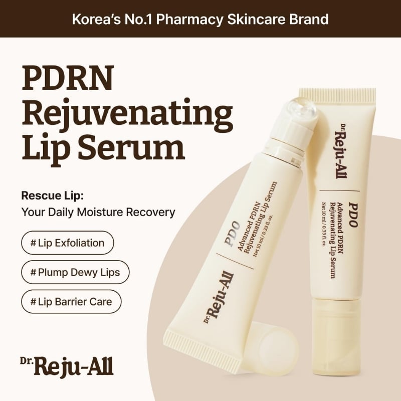 Advertisement for PDRN Rejuvenating Lip Serum from Dr. Reju-All; shows two beige tubes and bold product name with brand tagline at top.