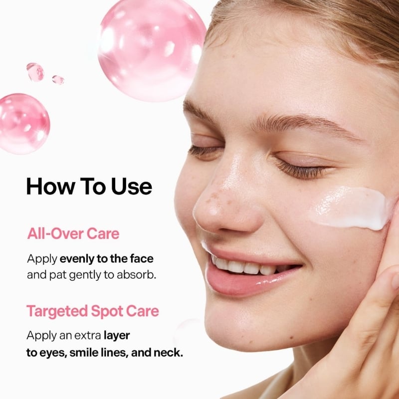 Skincare infographic: woman applying cream to cheek, with directions for All-Over Care and Targeted Spot Care.