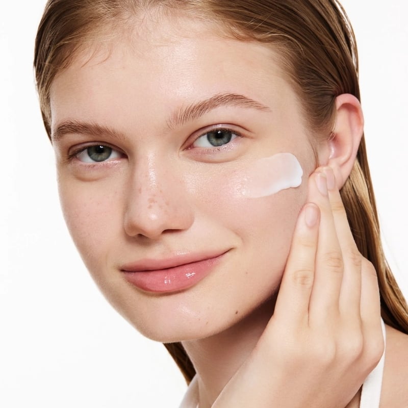 Young woman applying white cream to her cheek with fingers, close-up skincare moment.