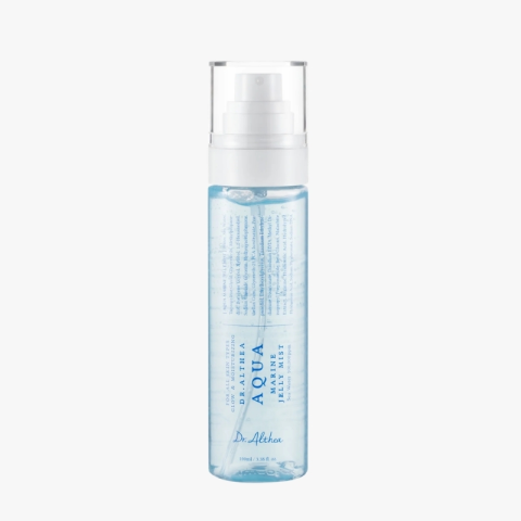 Blue cylindrical skincare bottle with white pump dispenser and clear cap, containing blue liquid.