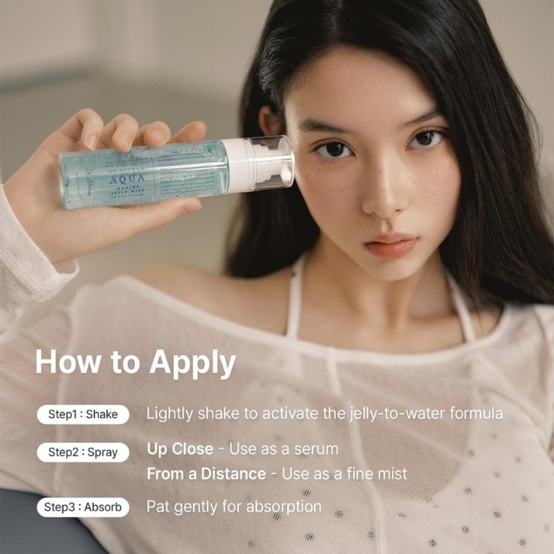 Woman holding a blue skincare bottle near her face; on-screen instructions show how to apply the jelly-to-water formula (Shake, Spray, Absorb). Text includes: 'How to Apply' and steps like 'Step1: Shake', 'Step2: Spray', 'Step3: Absorb'.