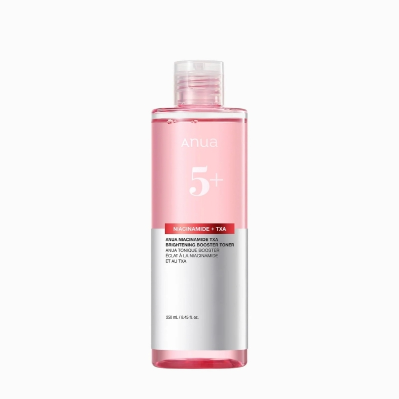 Pink gradient bottle of Anua 5+ Niacinamide + TXA brightening booster toner, with a silver-labeled bottom section.