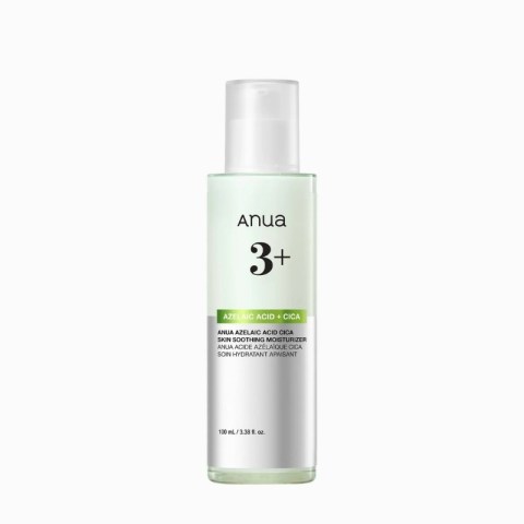 Anua 3+ azelaic acid and CICA moisturizer in a tall white bottle with a clear pump cap and green label band