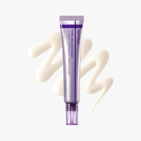 Purple eye cream tube with cream swirls in the background, suggesting skincare product for the eye area (360° Soft Eye Cream).