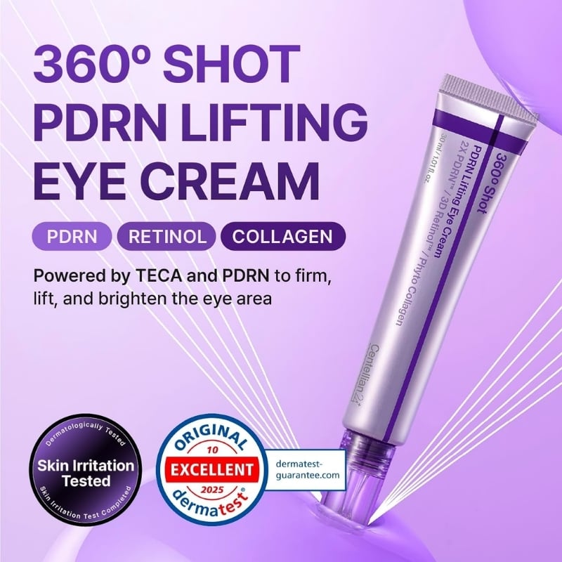 Purple-themed advertisement for 360° Shot PDRN Lifting Eye Cream; a silver tube angled to the right, with bold text and purple badges reading PDRN, RETINOL, COLLAGEN; logos for Skin Irritation Tested and derma test; tagline says it firms, lifts, and brightens the eye area.