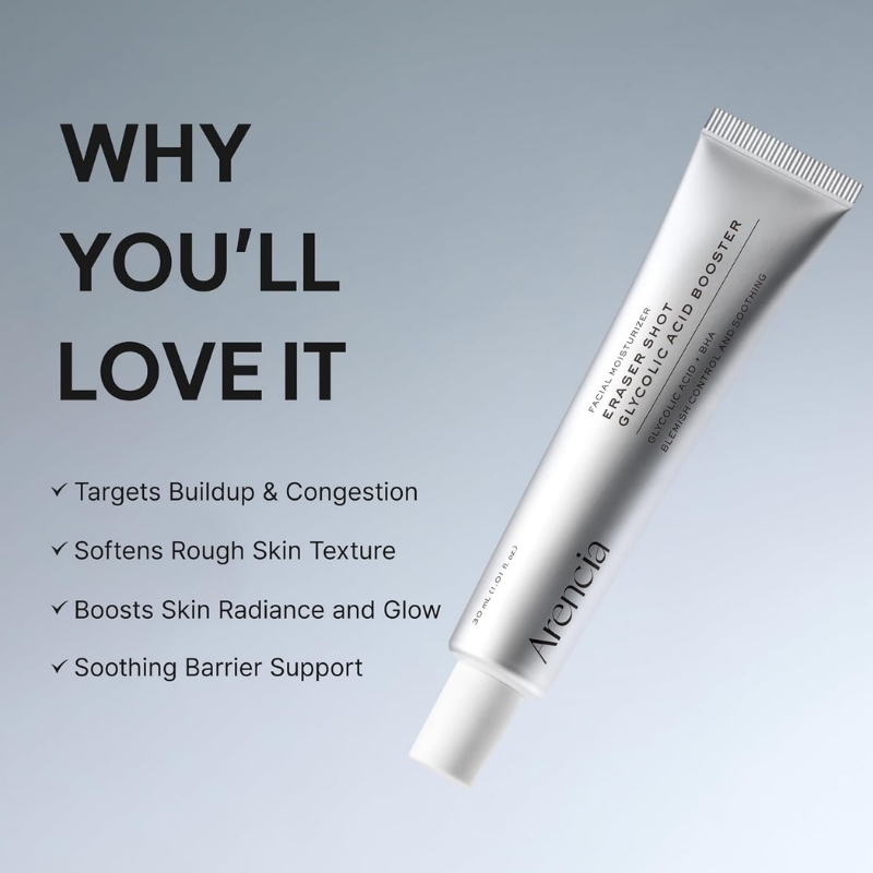 Advertisement for Arenicia skincare: a silver tube angled diagonally on a gradient blue background with the headline “WHY YOU’LL LOVE IT” and four bullet benefits.