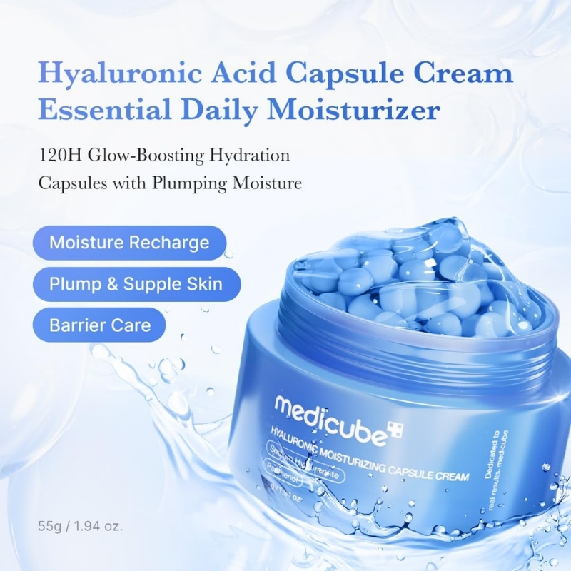 Blue jar of hyaluronic acid moisturizing capsule cream with water splash, featuring three blue benefit pills: Moisture Recharge, Plump & Supple Skin, Barrier Care.