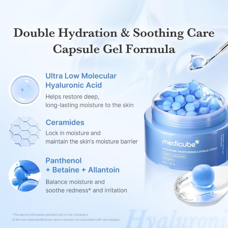 Advertisement for Medicube Double Hydration Capsule Gel Formula showing a blue jar of capsules and a spoon; highlights ingredients: ultra low molecular hyaluronic acid, ceramides, panthenol, betaine, and allantoin with moisture benefits.