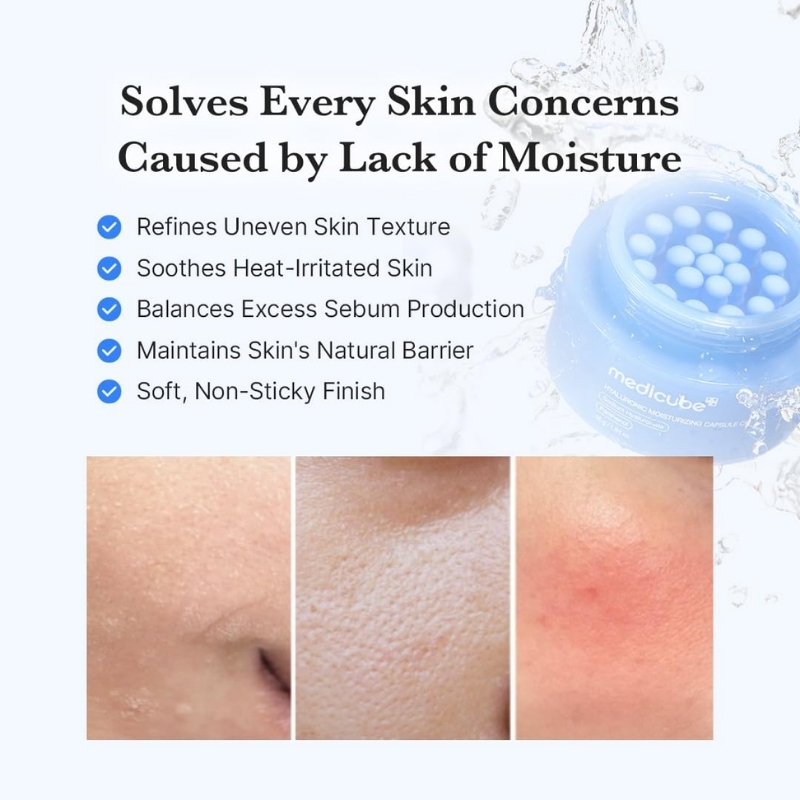 Skincare ad: headline about moisture with five blue-checked benefits, plus three close-up skin images and a blue moisturizer jar on the right.