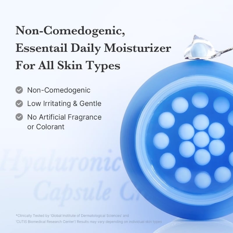 Product marketing image for a daily moisturizer: non-comedogenic, suitable for all skin types, with features like gentle, fragrance-free.