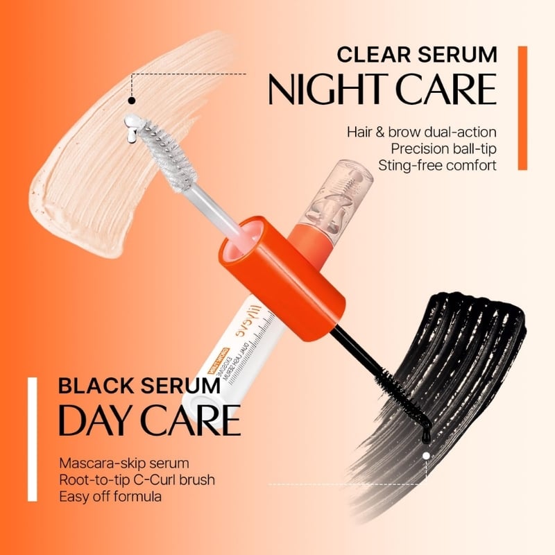 Dual-serum skincare ad with orange-cap applicator between a white night-care serum and a black-day-care brush, set on an orange-to-cream gradient background.