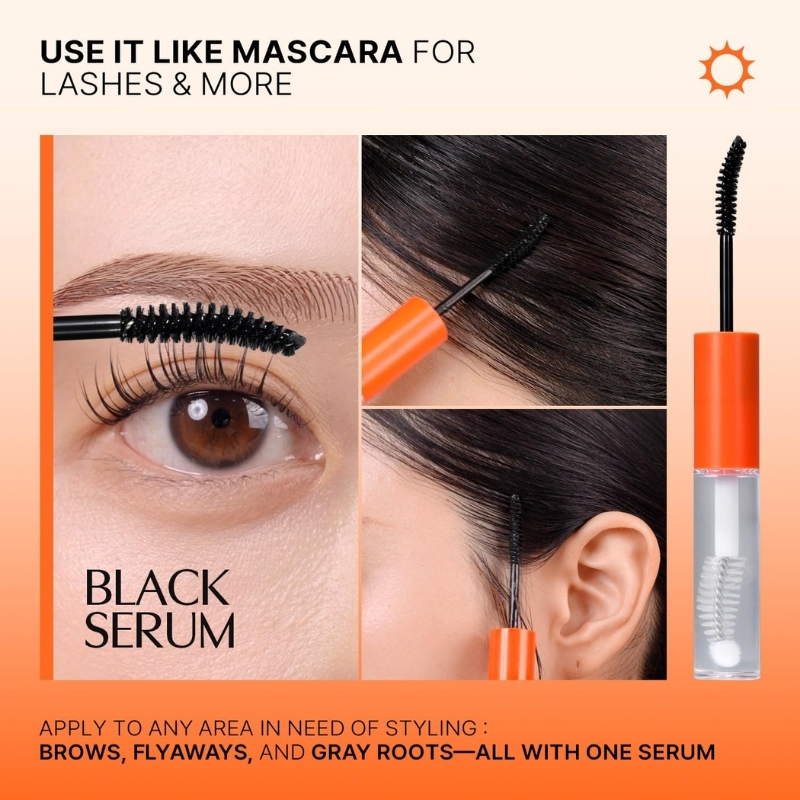 Advert image for Black Serum mascara-as-serum: collage showing lash application and use on brows, flyaways, and gray roots with an orange-capped bottle on the right. Includes headline 'Use it like mascara for lashes & more' and 'Black Serum' text, plus a note about applying to brows, flyaways, and gray roots—all with one serum.