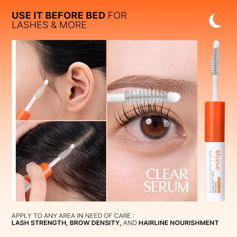 Advertising collage for Lily Eve Clear Serum: shows applying wand to lash line, close-up eye with lashes, and the product bottle on the right; top text reads 'USE IT BEFORE BED FOR LASHES & MORE'.