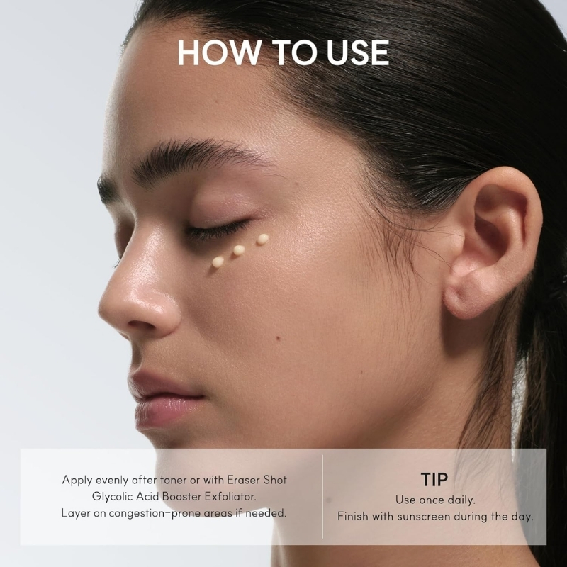 Side profile of a woman with product dots under her eye; caption reads HOW TO USE with application tips.