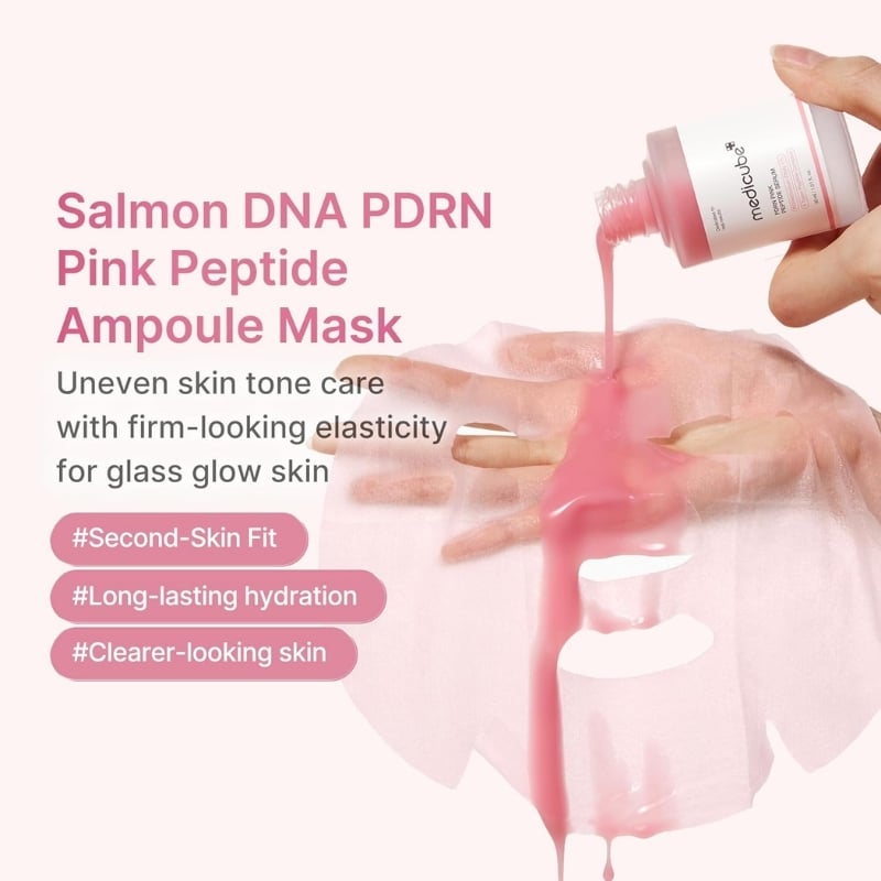 Advertising banner showing Salmon DNA PDRN Pink Peptide Ampoule Mask; pink liquid pours from a bottle onto a hand, with hydration hashtags in pink bubbles.