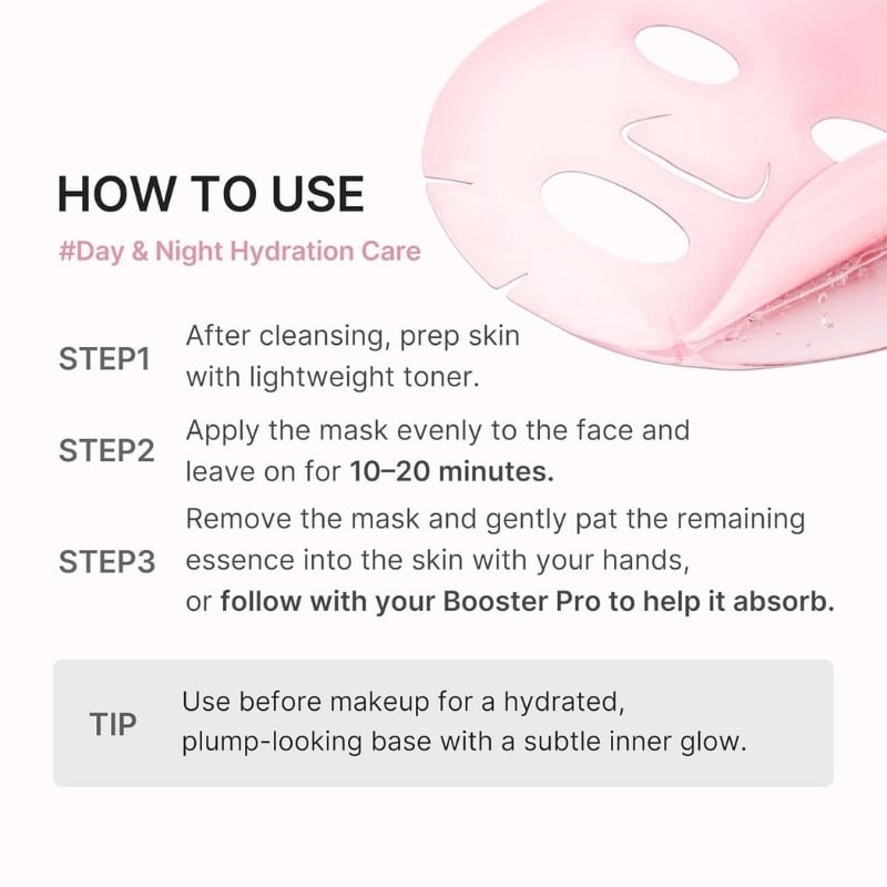 Infographic titled ‘How to Use Day & Night Hydration Care’ with Steps 1–3 and a tip, plus a pink mask graphic on the right.