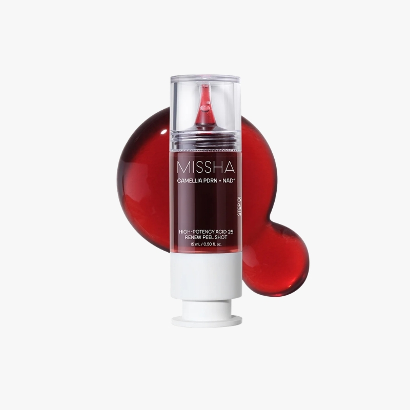 Missha Camellia PDRN + NAD+ renewal peel shot bottle with red liquid and white cap, set against a red abstract background